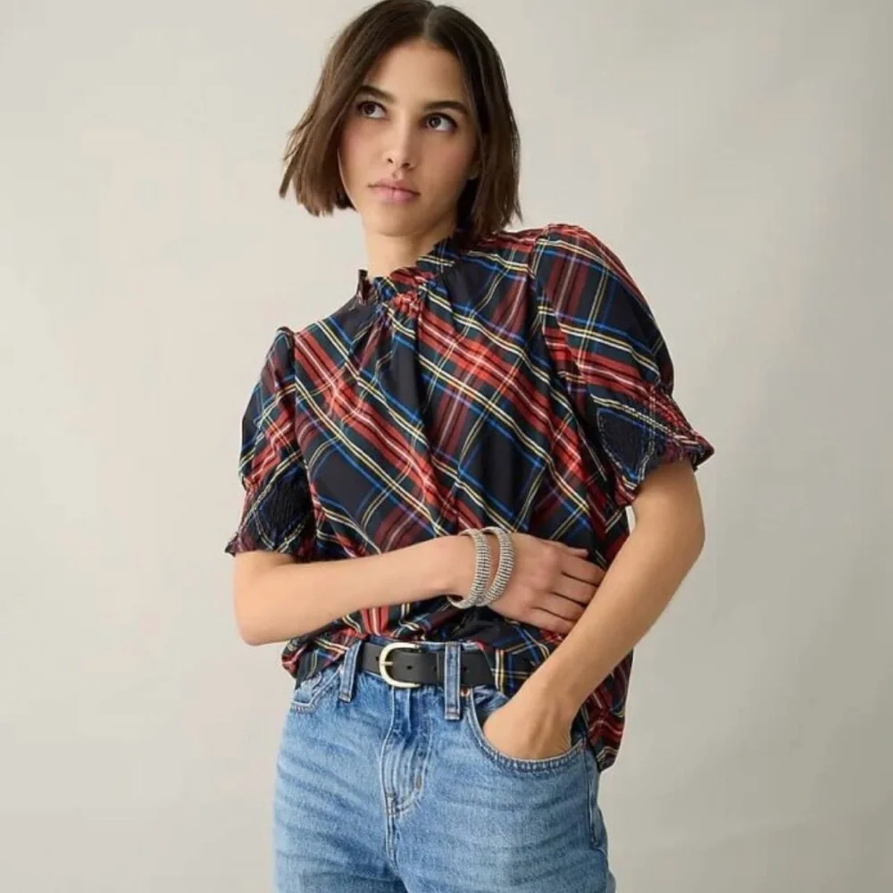 J.Crew Plaid Tartan Puff Sleeve Blouse Top XXS Cotton Holiday Preppy